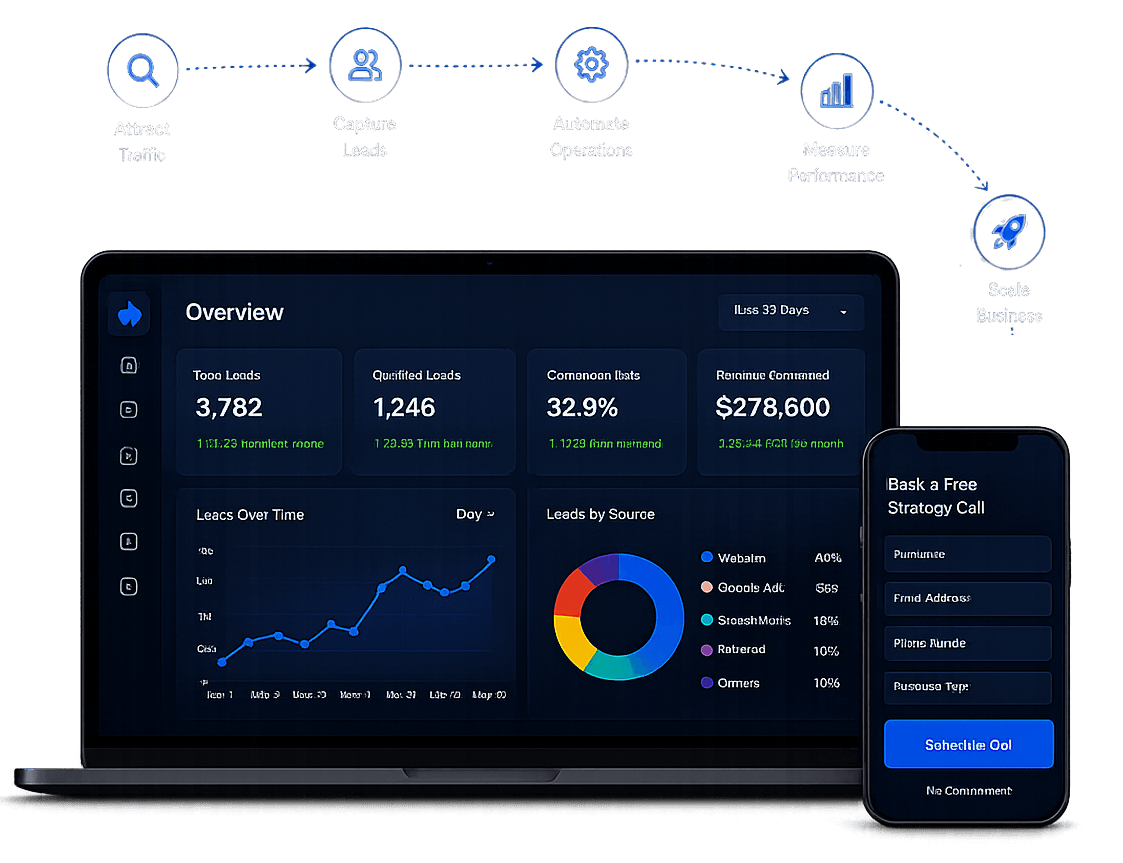 Digital growth process shown above a lead generation dashboard on laptop and mobile